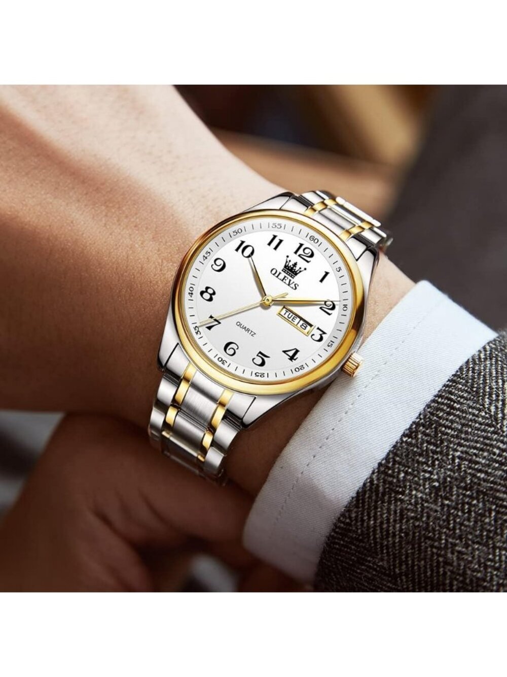 Olevs Mens Silver White Luxury Stainless Steel Gold Analog Quartz Luminous Watch - Picture 3 of 6
